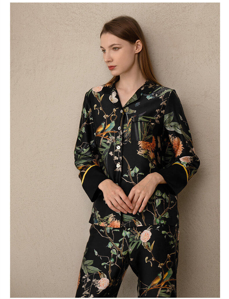 Damen Schlafanzug aus Seide Lily Fashion Langarm mit Blumendruck – Nachtwäsche