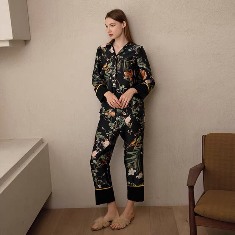 Damen Schlafanzug Fashion Lily aus – Langarm Nachtwäsche Blumendruck Seide mit