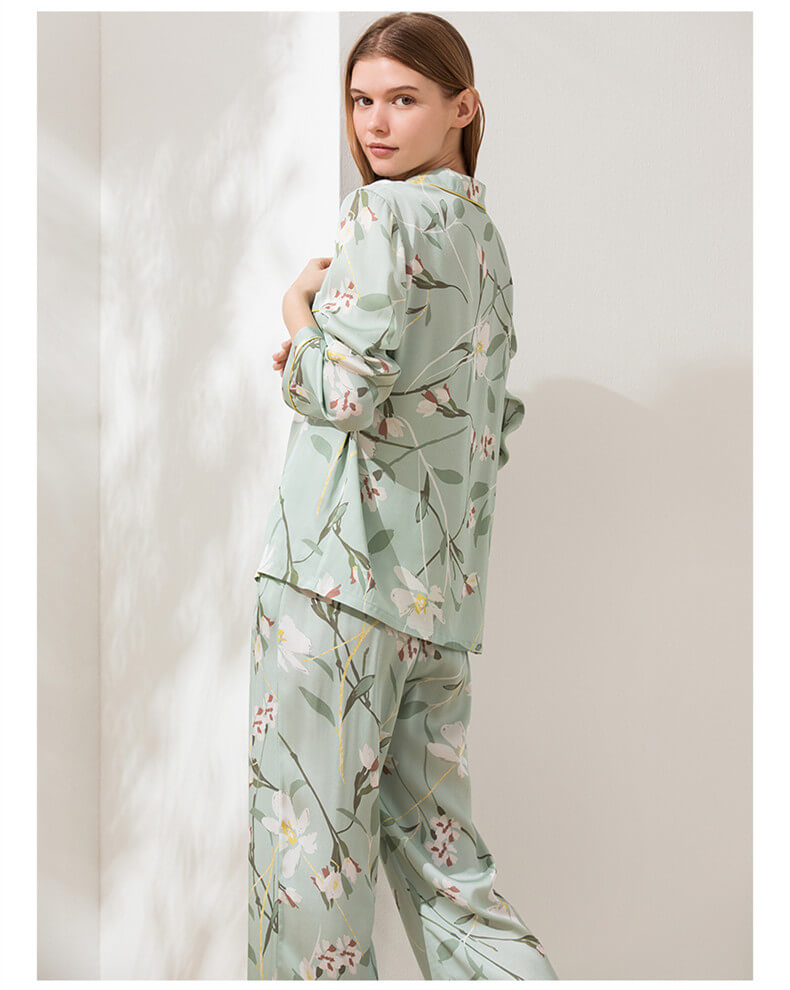 mit – Lily Schlafanzug Fashion Seiden und Damen Schlafanzug Blumendruck Langarm Pyjam